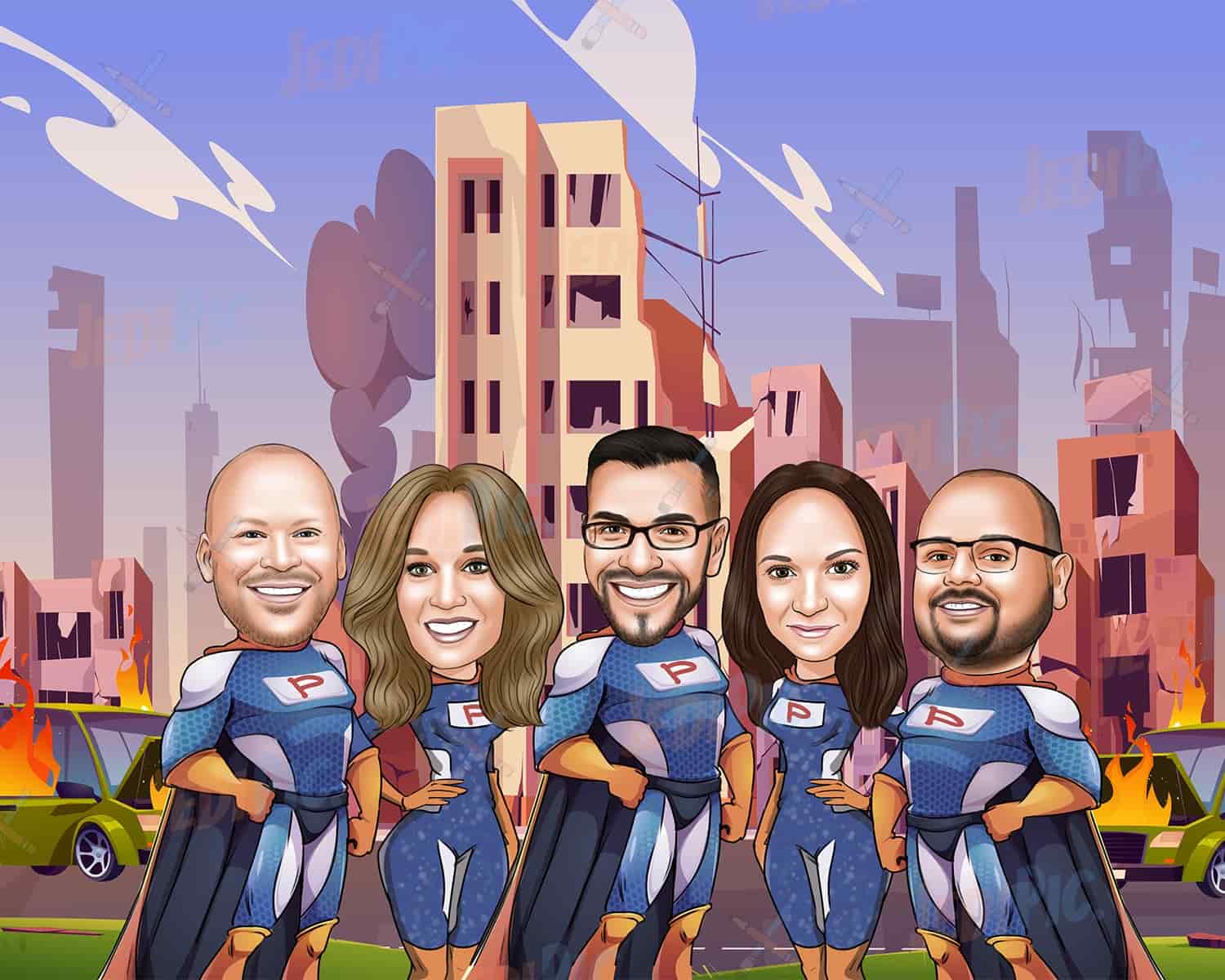 Caricature Drawing Employees as Superheroes with Custom Background