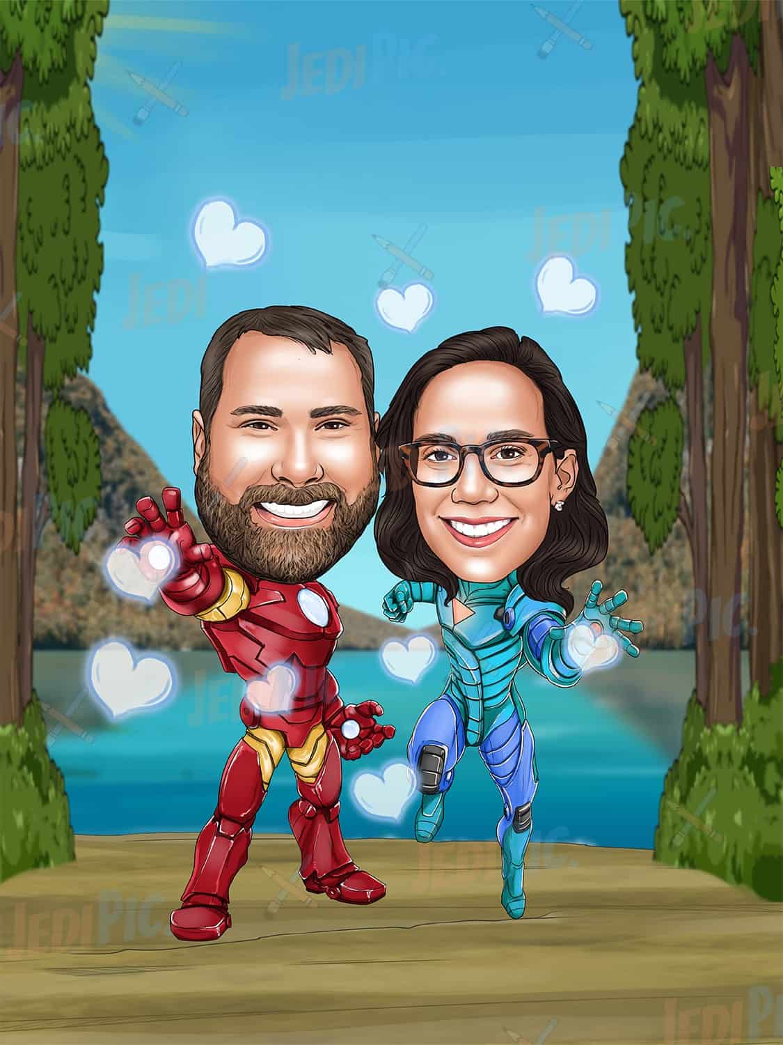 Custom Valentine's Day Couple Cartoon Portrait in Colored Style