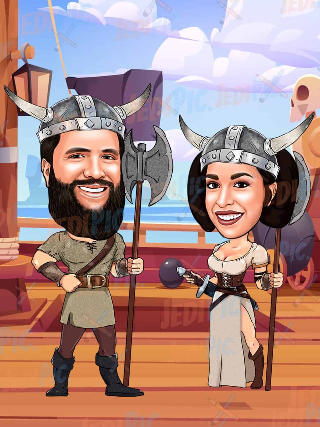 Vikings Couple Cartoon Portrait - Gift for Anniversary