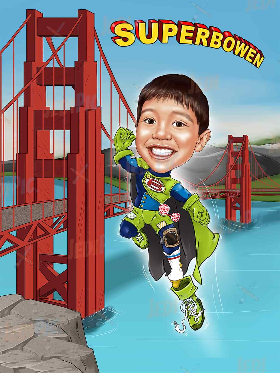 Cartoon Portrait Kid as Superhero in Color Style