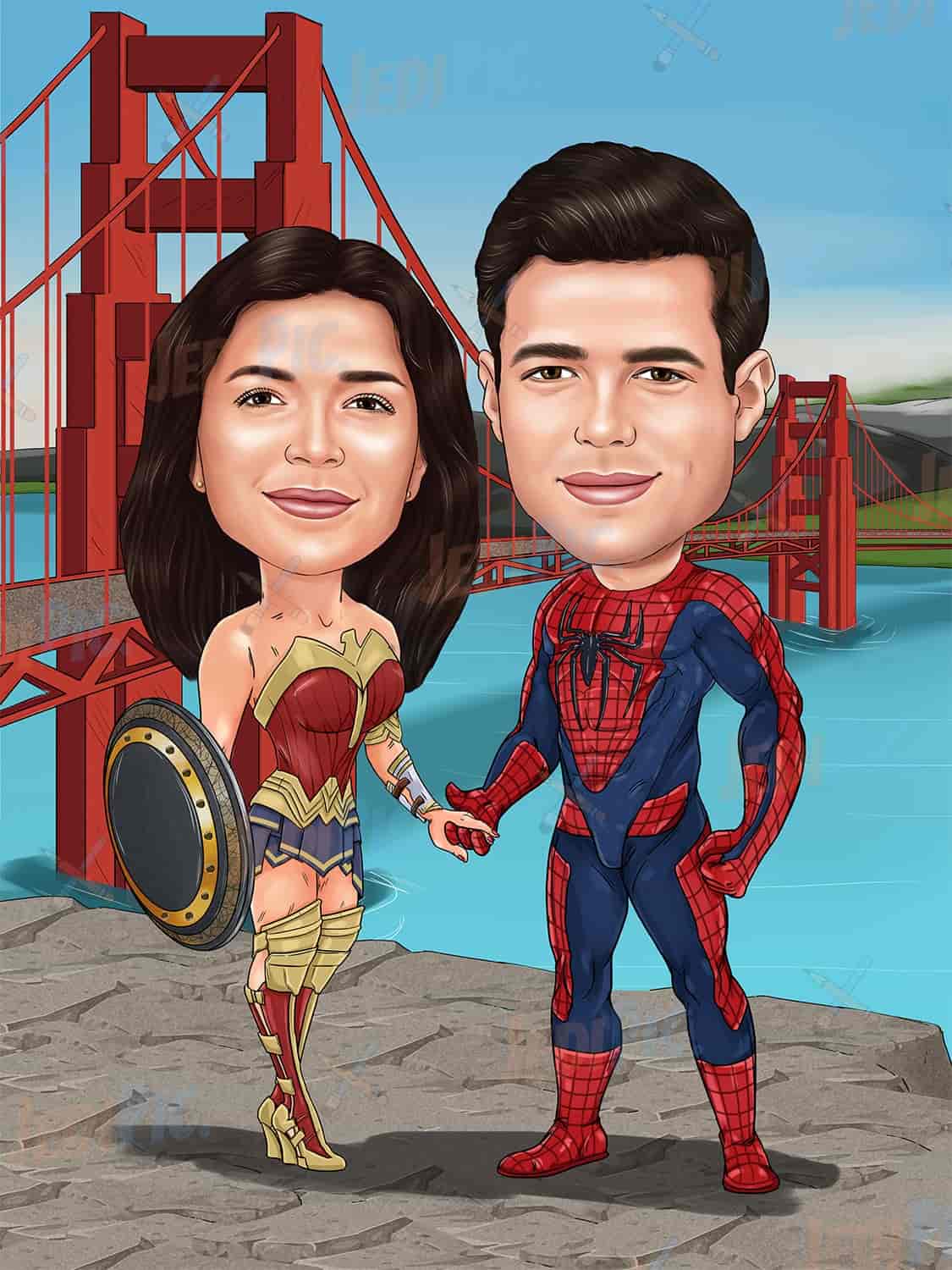 Full Body Superhero Couple Caricature in Color Style