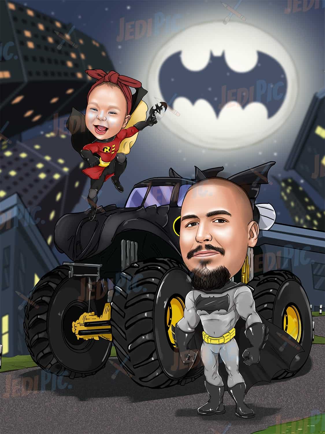 Custom Superheroes father with Baby Caricature
