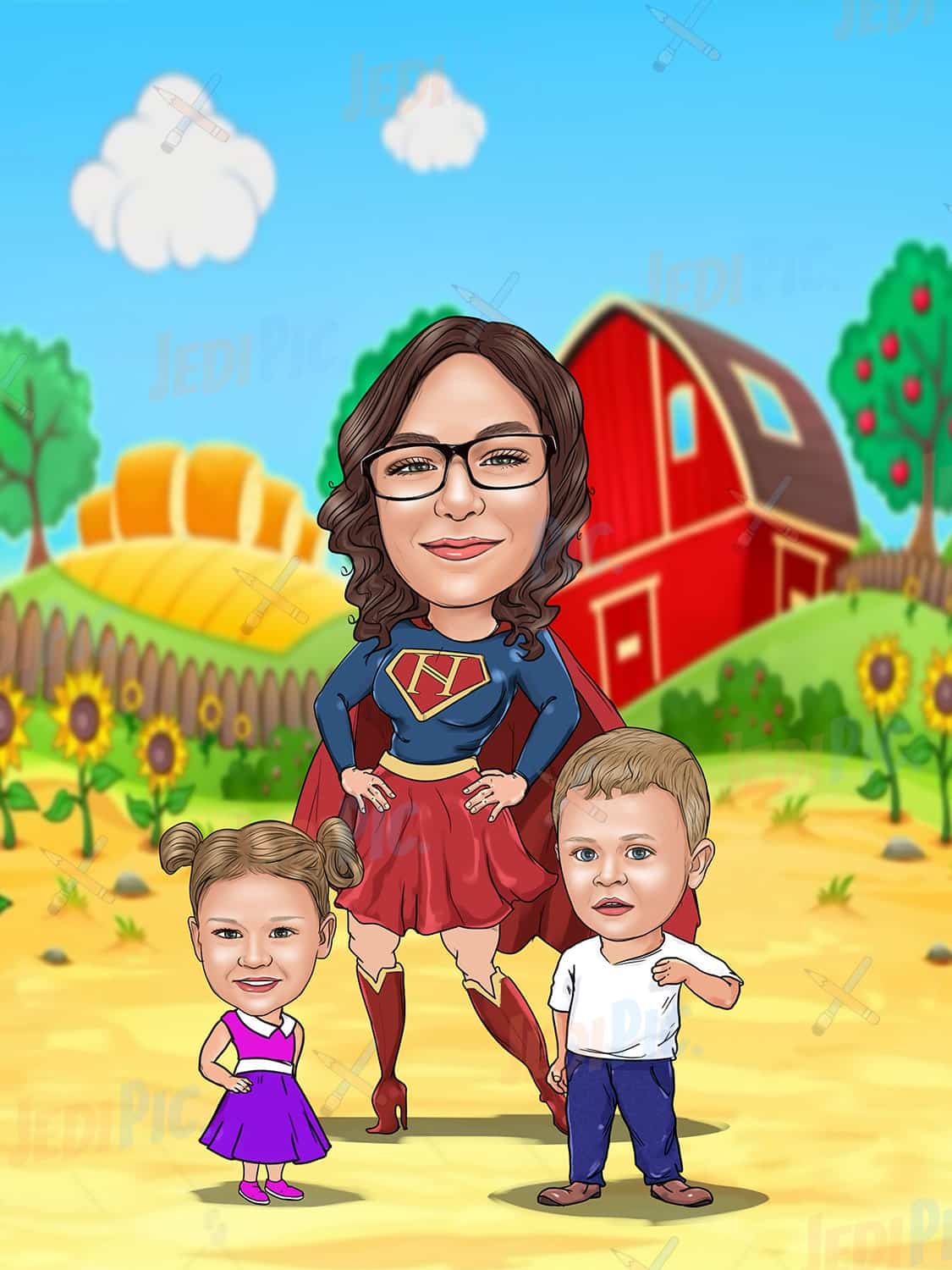 Mom with Kids as Superheroes Caricature - Gift for Mother's Day