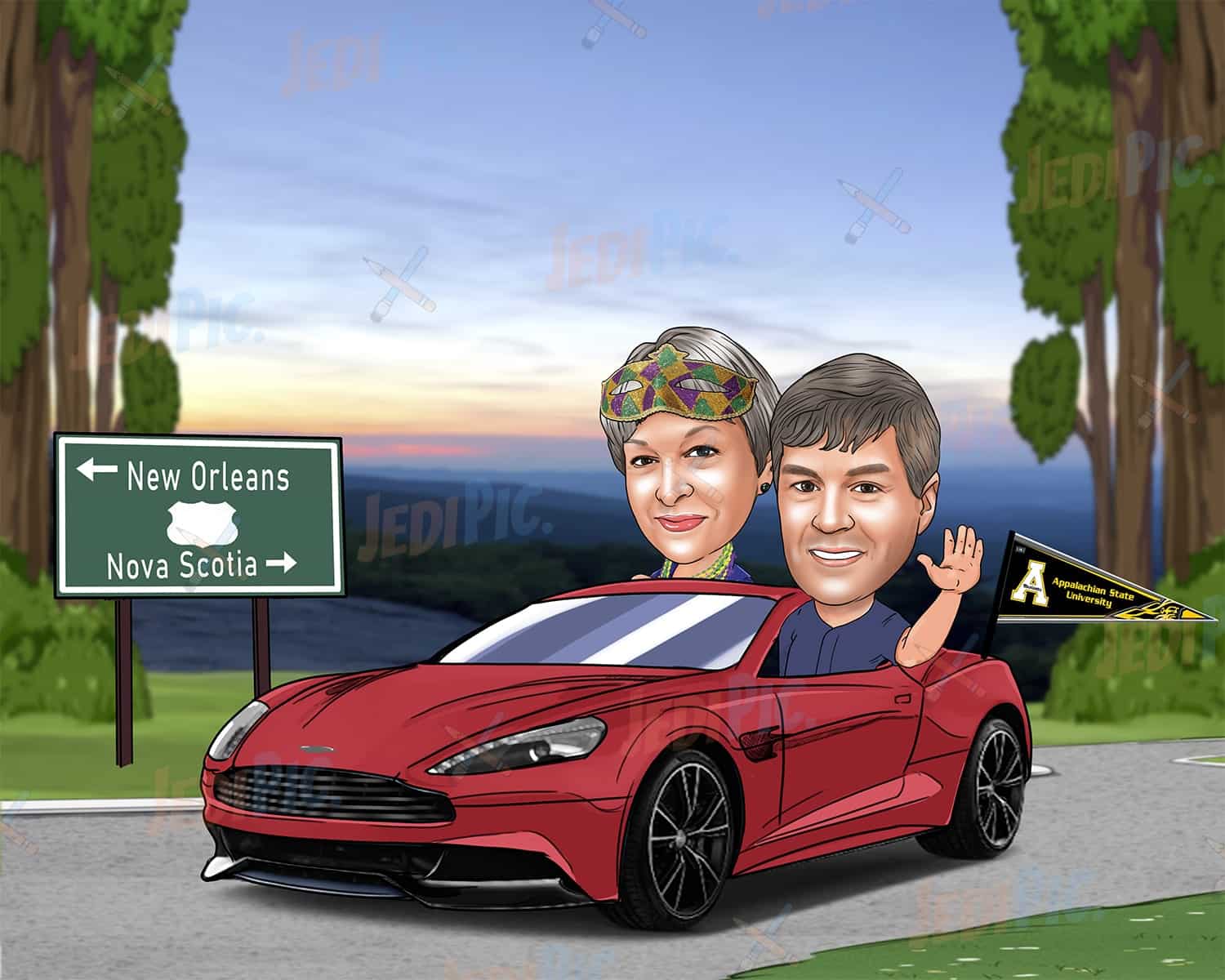 Custom Couple with Dream Car Caricature Drawing from Photos
