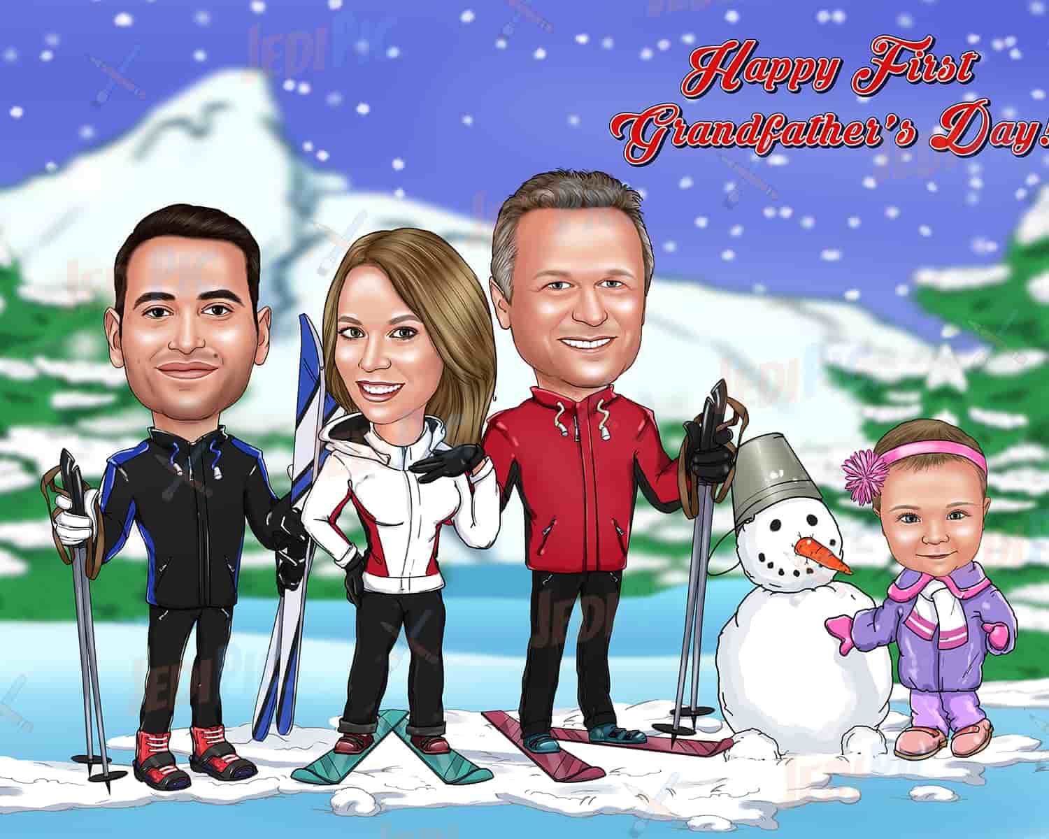 Custom Family Caricature with Snow Background