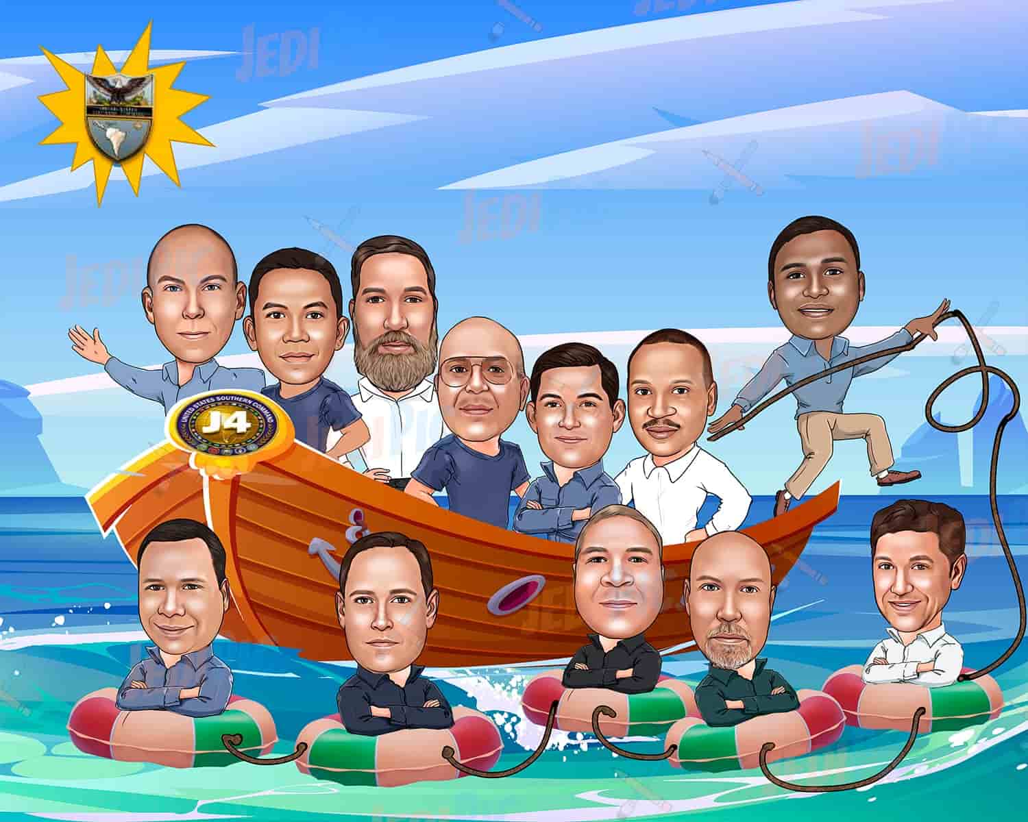 Team on Boat Cartoon Caricature Gift for Colleagues