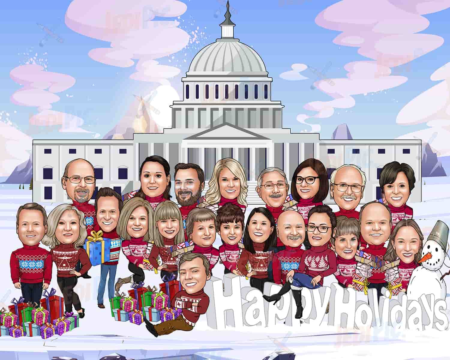 Christmas Group Caricature with Custom Background