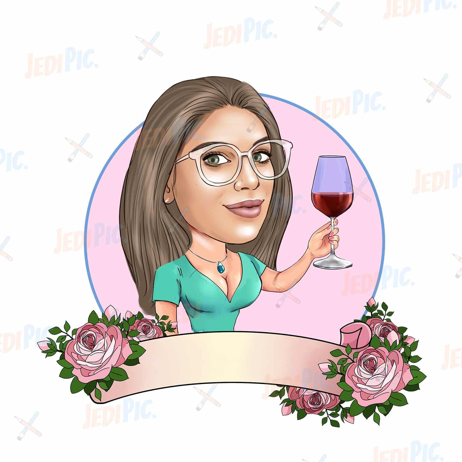 Bridesmaid Cartoon Portrait with Glass of Wine