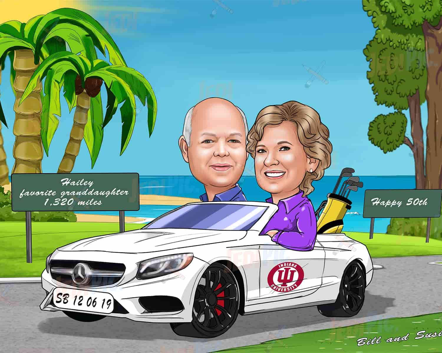 Digital Caricature Couple in Car