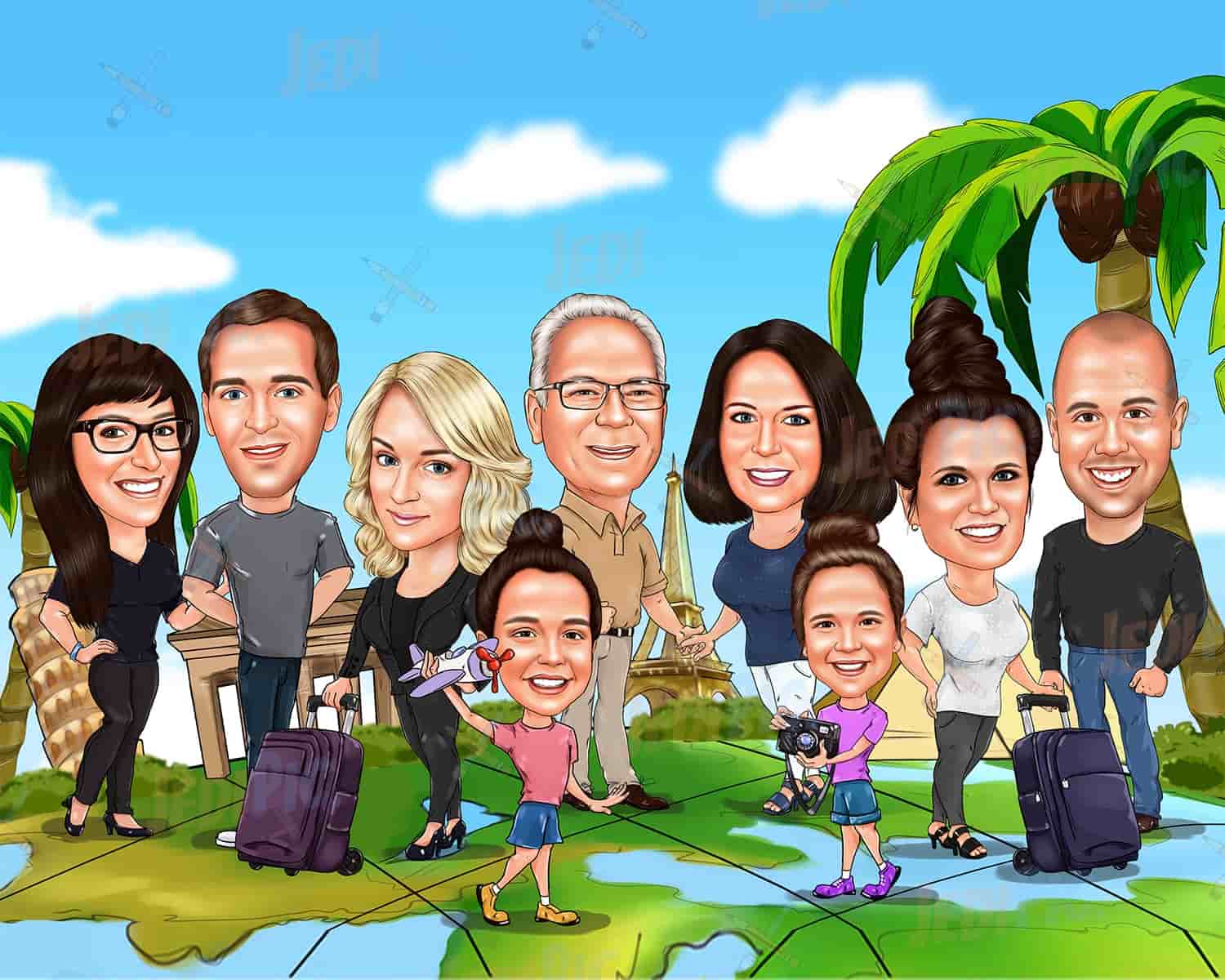 Group Caricature On Vacation in Digital Style