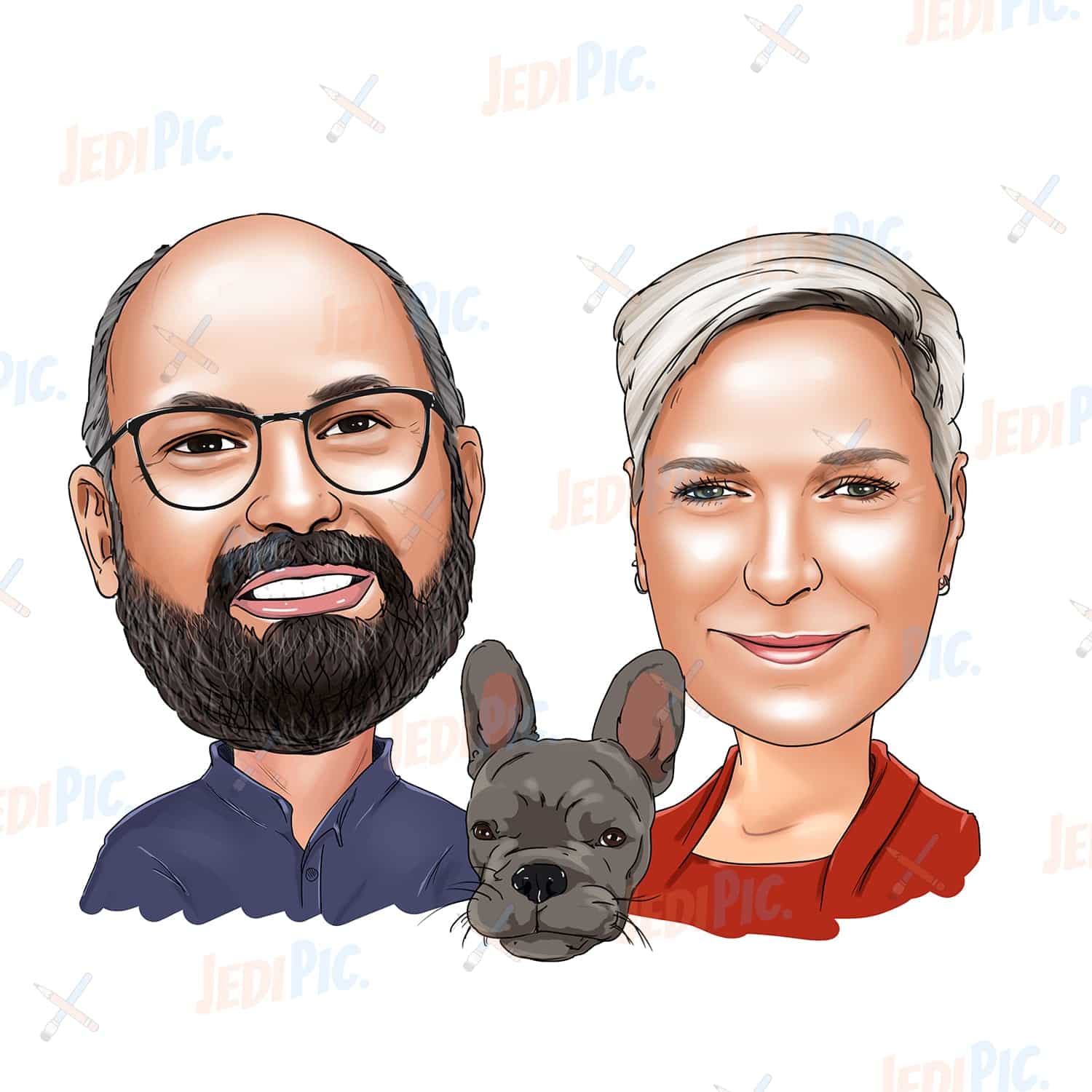 Couple Cartoon Portrait with Dog