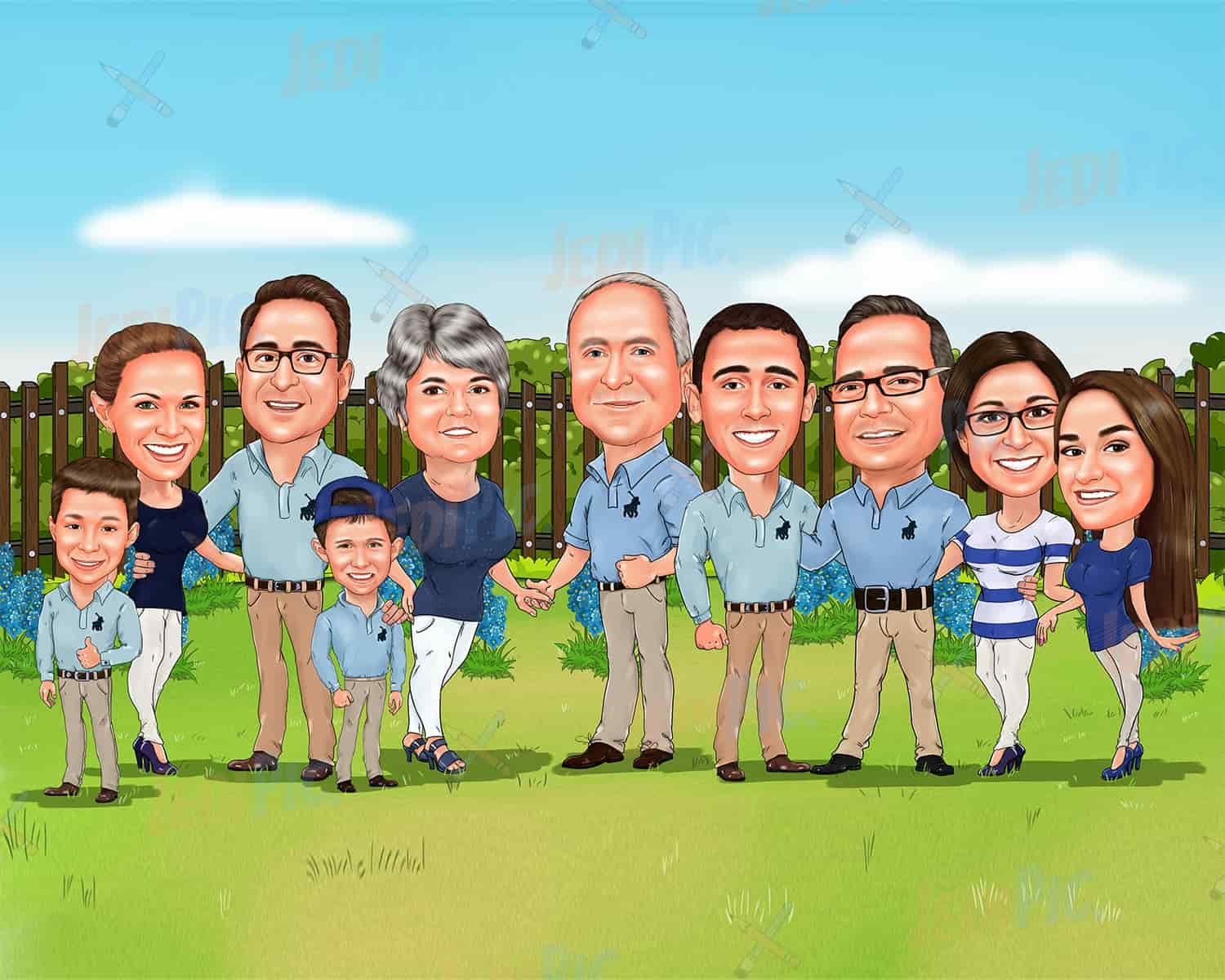 Group Caricature with Custom Background from Photos in Digital Style