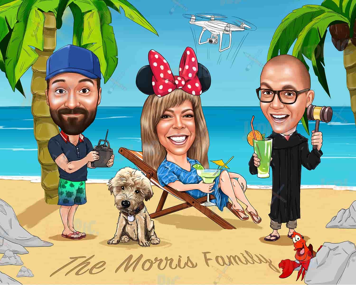 Family Cartoon Portrait with Pet on Vacation
