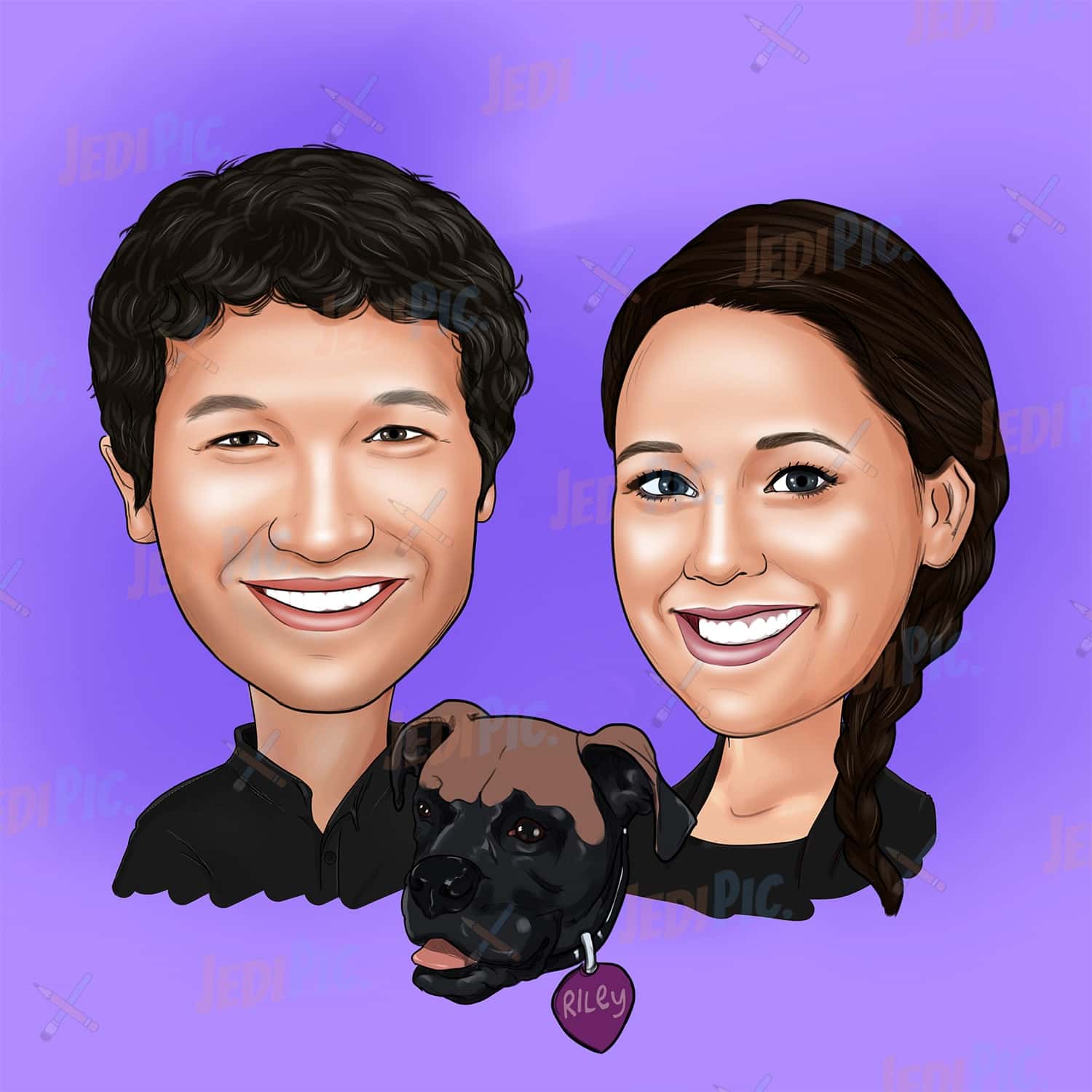 Couple with Pet Custom Cartoon Portrait