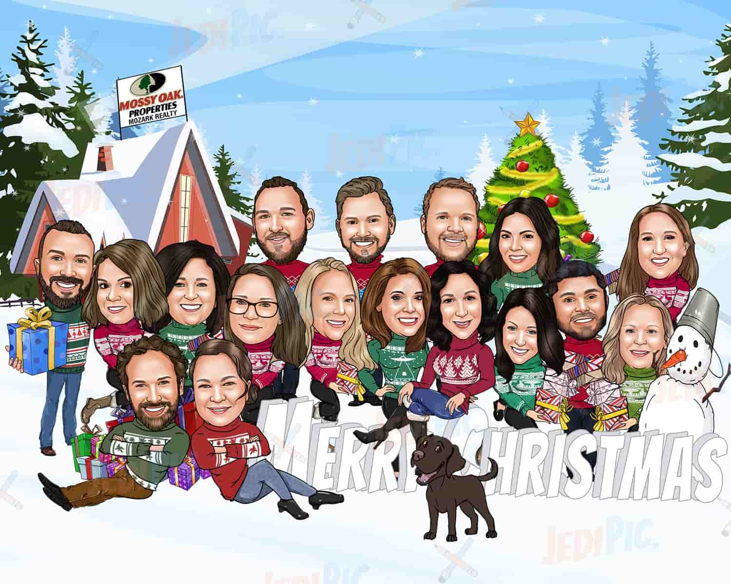 Christmas and Happy New Year Group Caricature Greeting Card in Digital Style