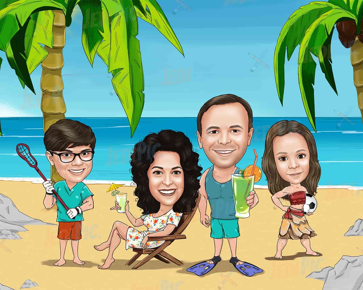 Custom Family Cartoon Portrait on the Beach
