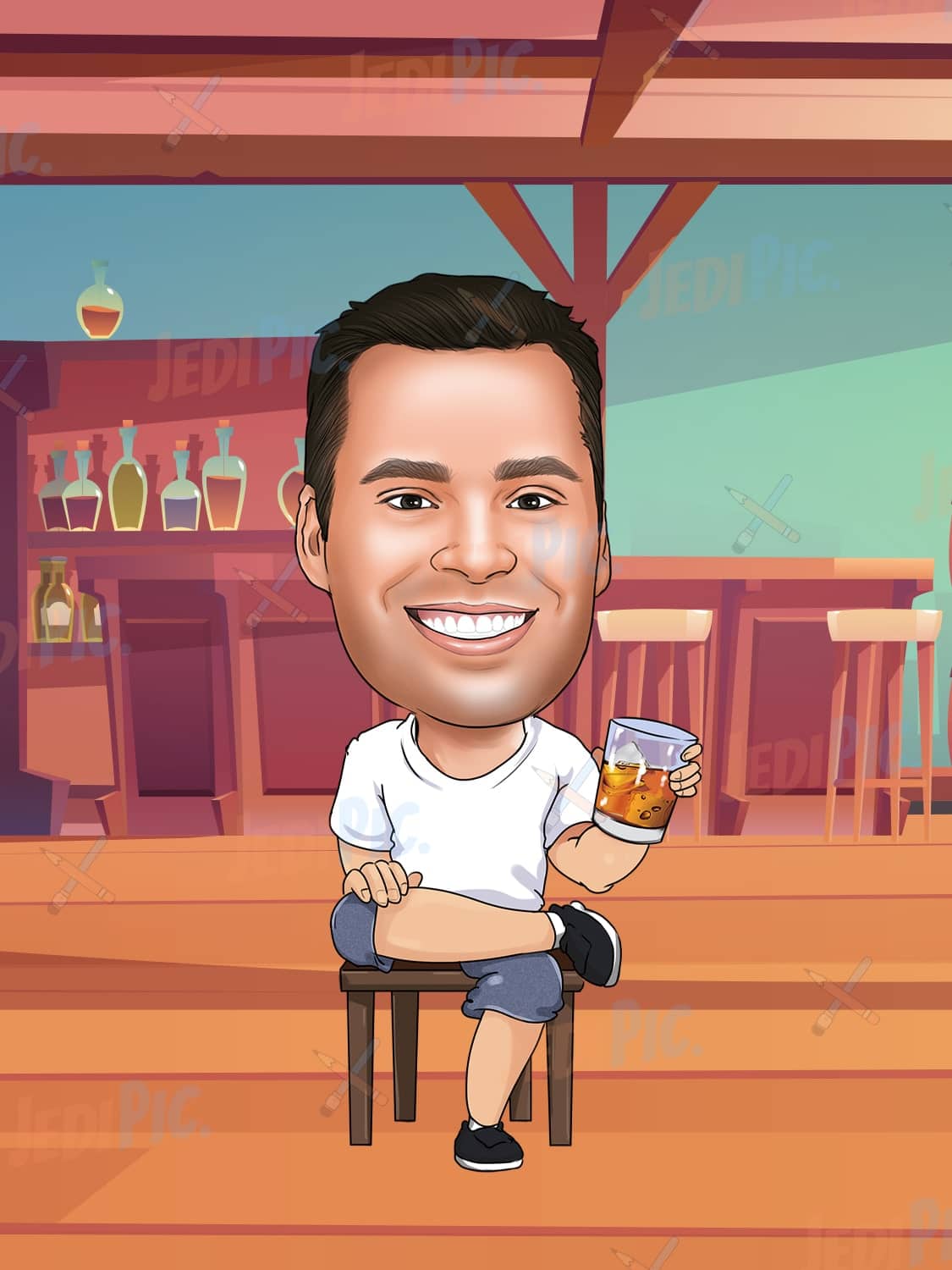 Caricature Drawing Man with Glass in Bar Setting