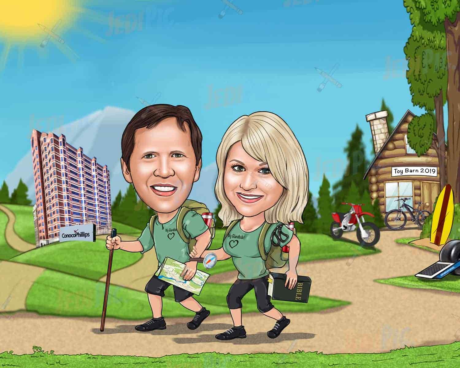 Couple Travelling Caricature with Custom Background