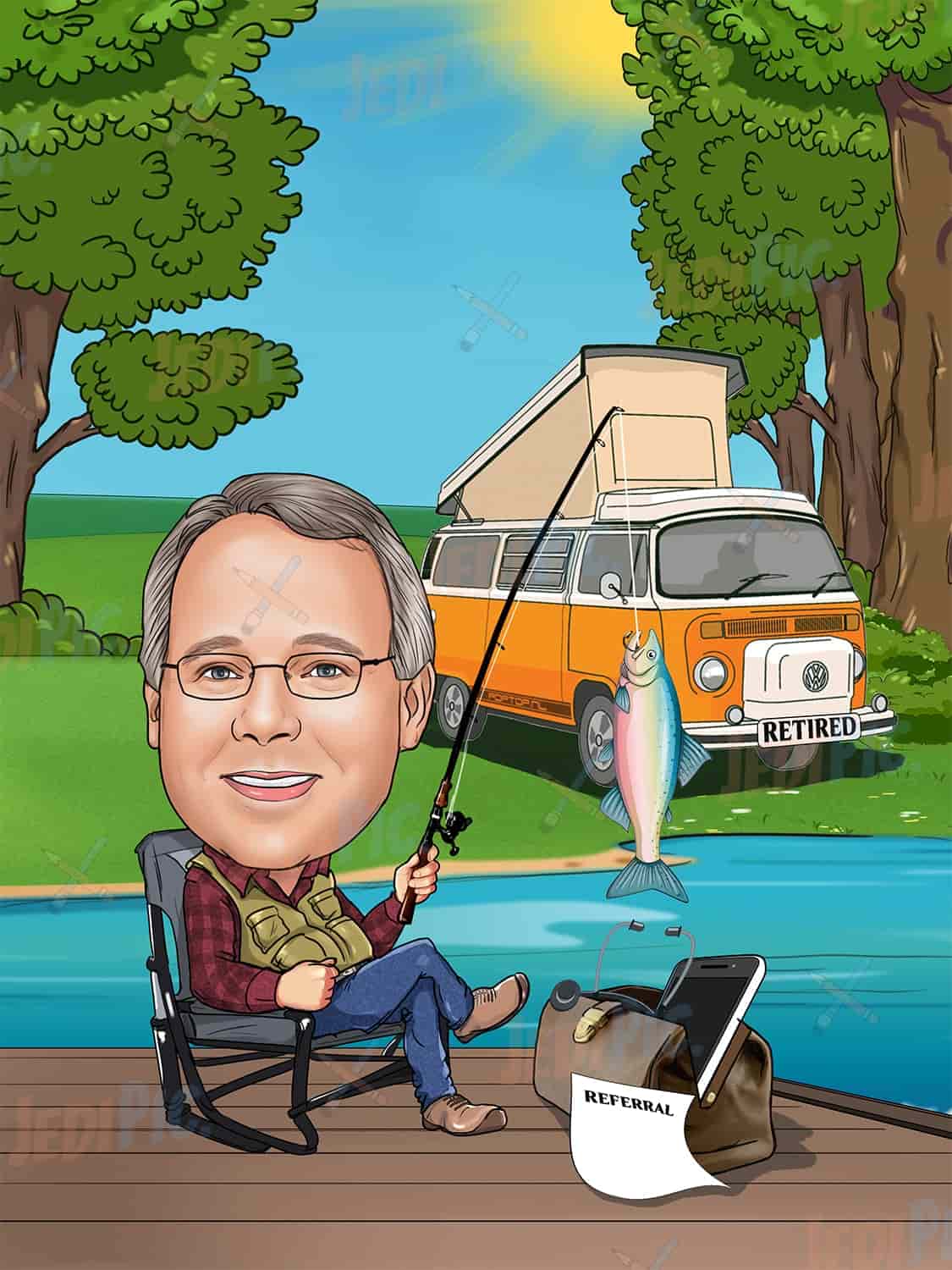 Fisherman Caricature with FIsh and Fishing Rod