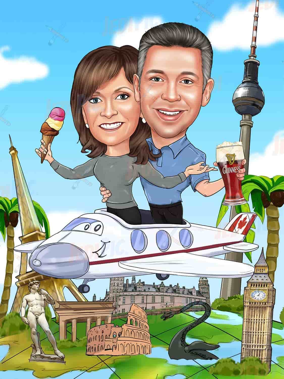 Couple on Airplane Travelling Caricature with Custom Background