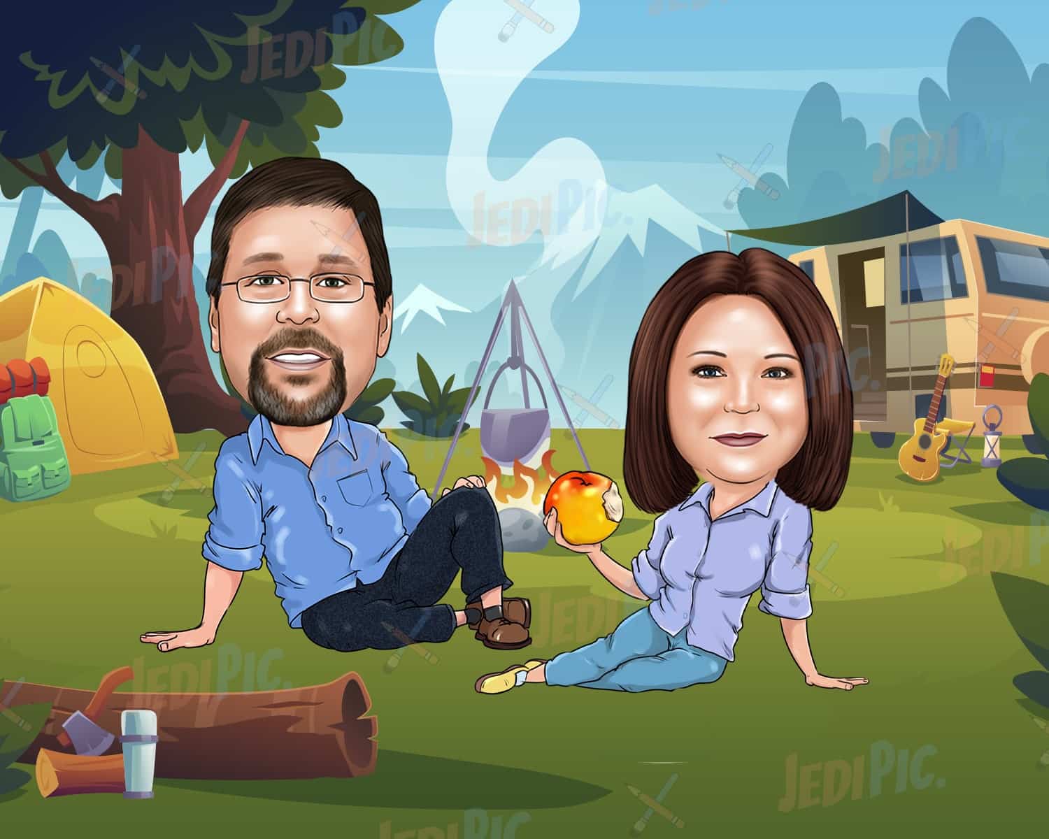 Couple Camping Caricature