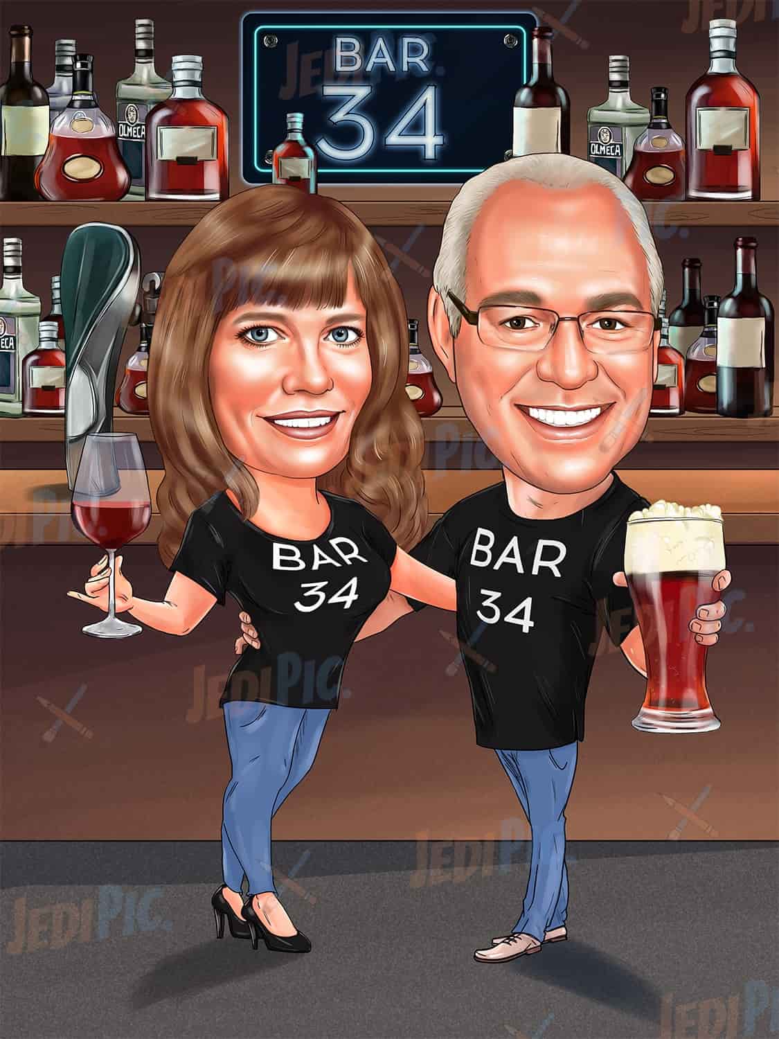 Couple Caricature Cheering in Bar
