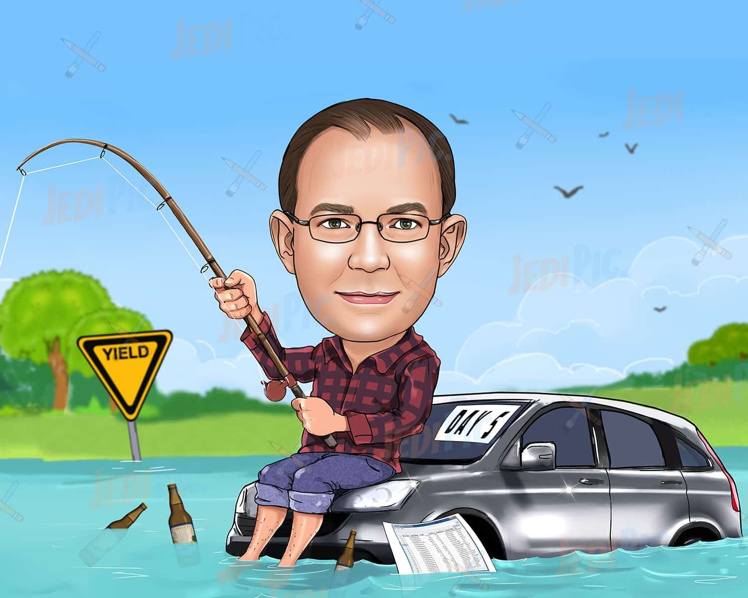 Man Fishing Caricature with Custom Background in Digital Style