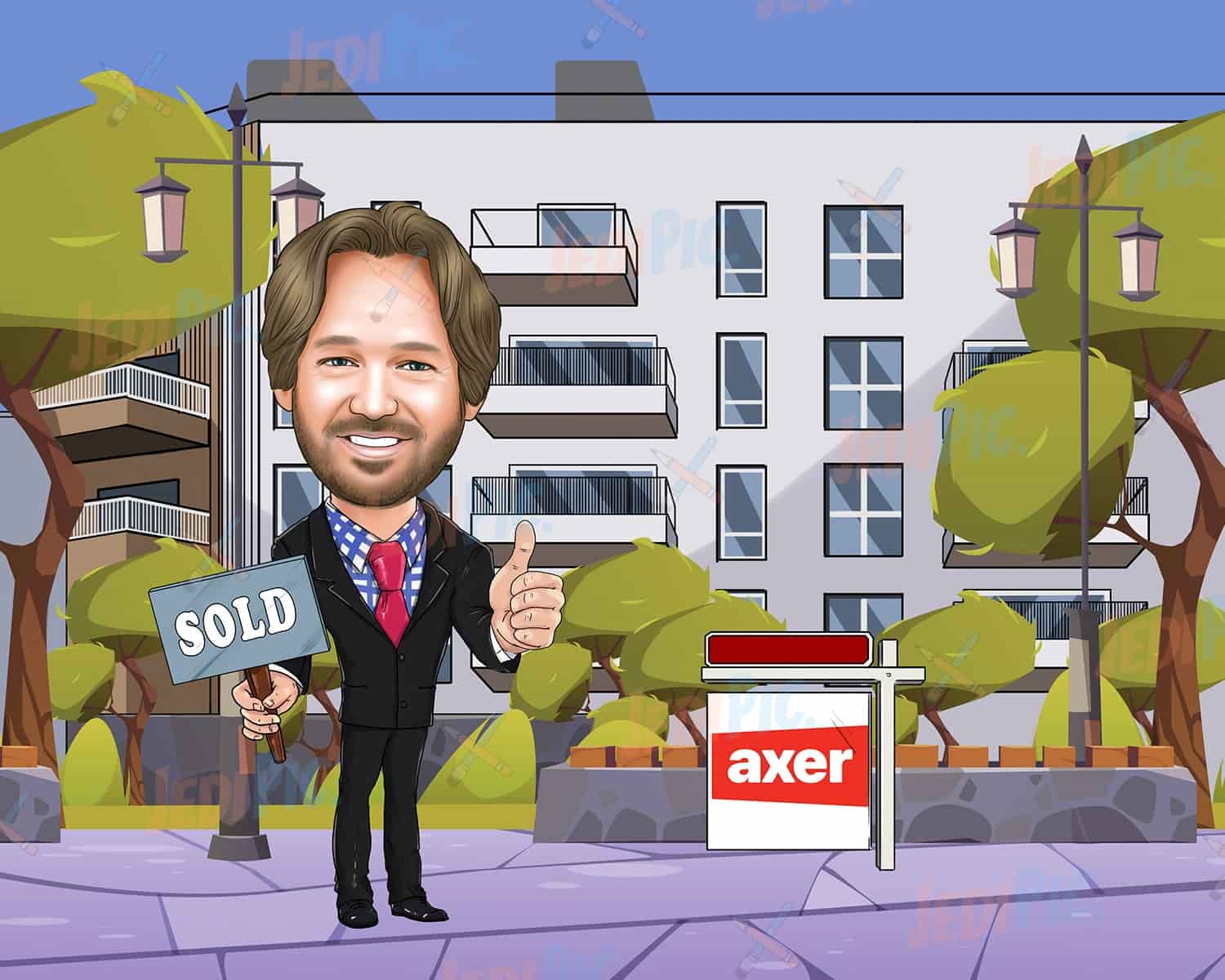 Realtor with Sold Sign and Business Info  - Realtor Cartoon Caricature