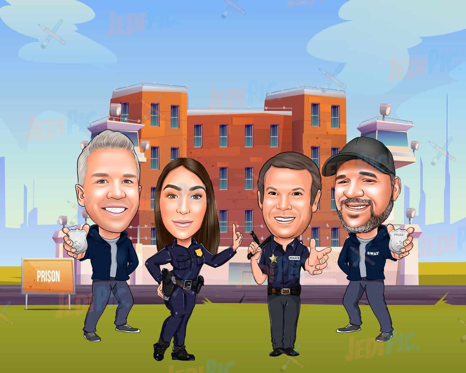 Police Officers Group Drawing with Custom Background