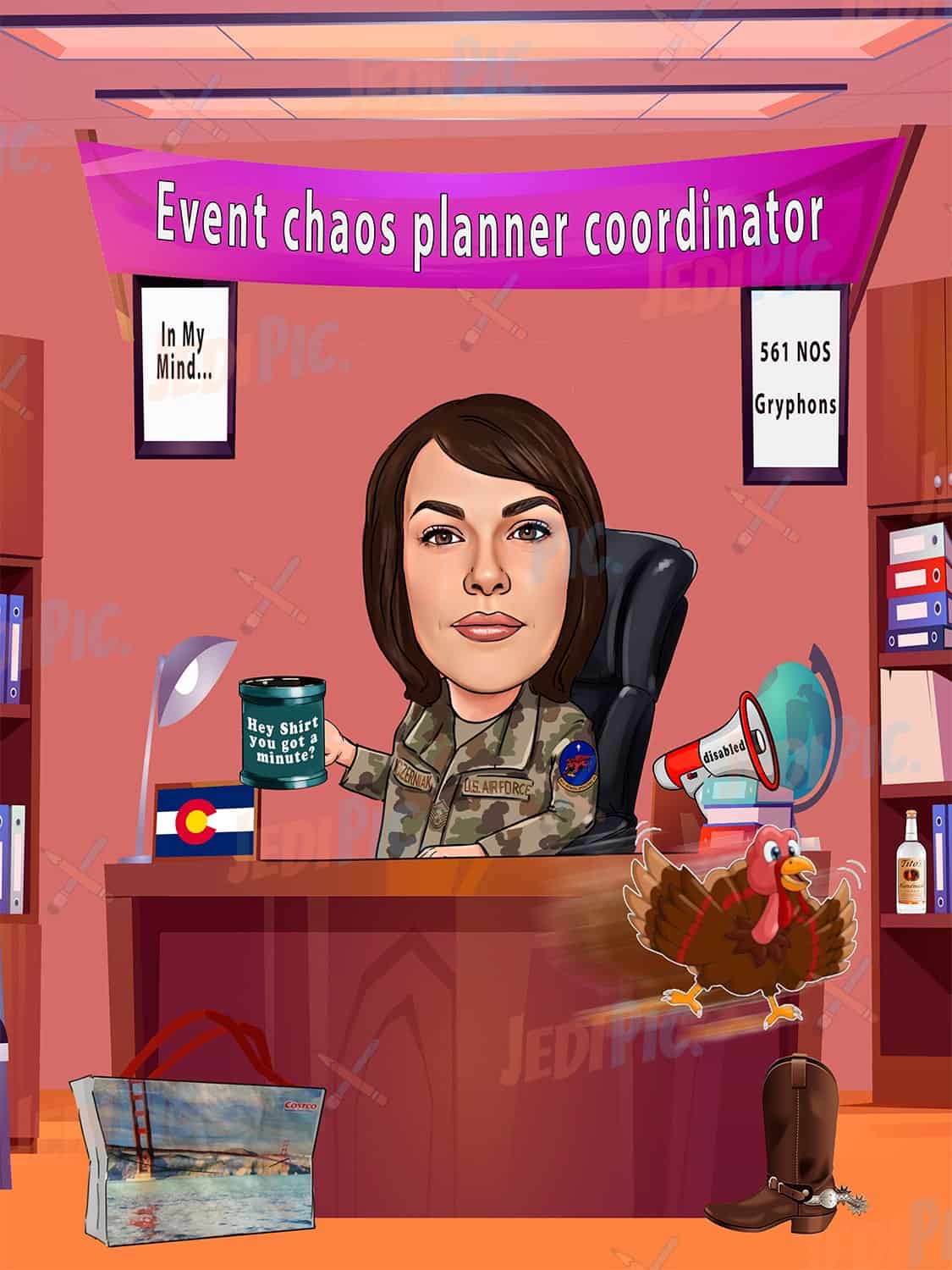 Personalized Military Caricature with Office Desk and Custom Background