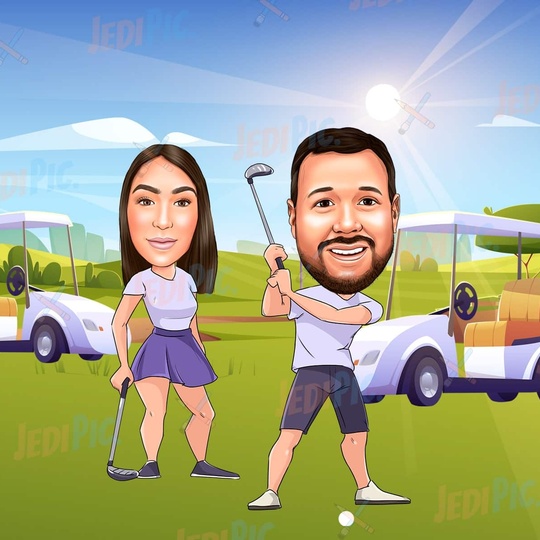 Custom Couple Golf Family Caricature - Personalized Golfer Gift | JediPic