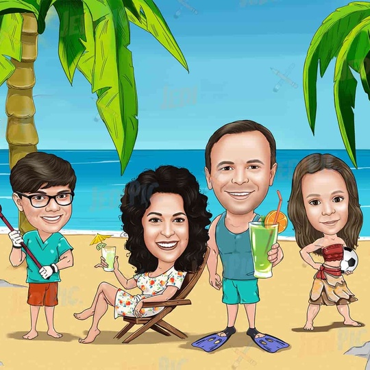 Custom Family Cartoon Portrait on the Beach - Celebrate Your Family ...