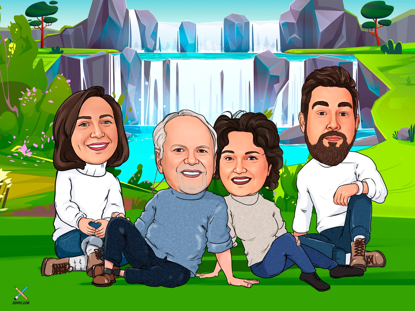 Custom Family Caricature from Photo - Three Generations Family Reunion Gift