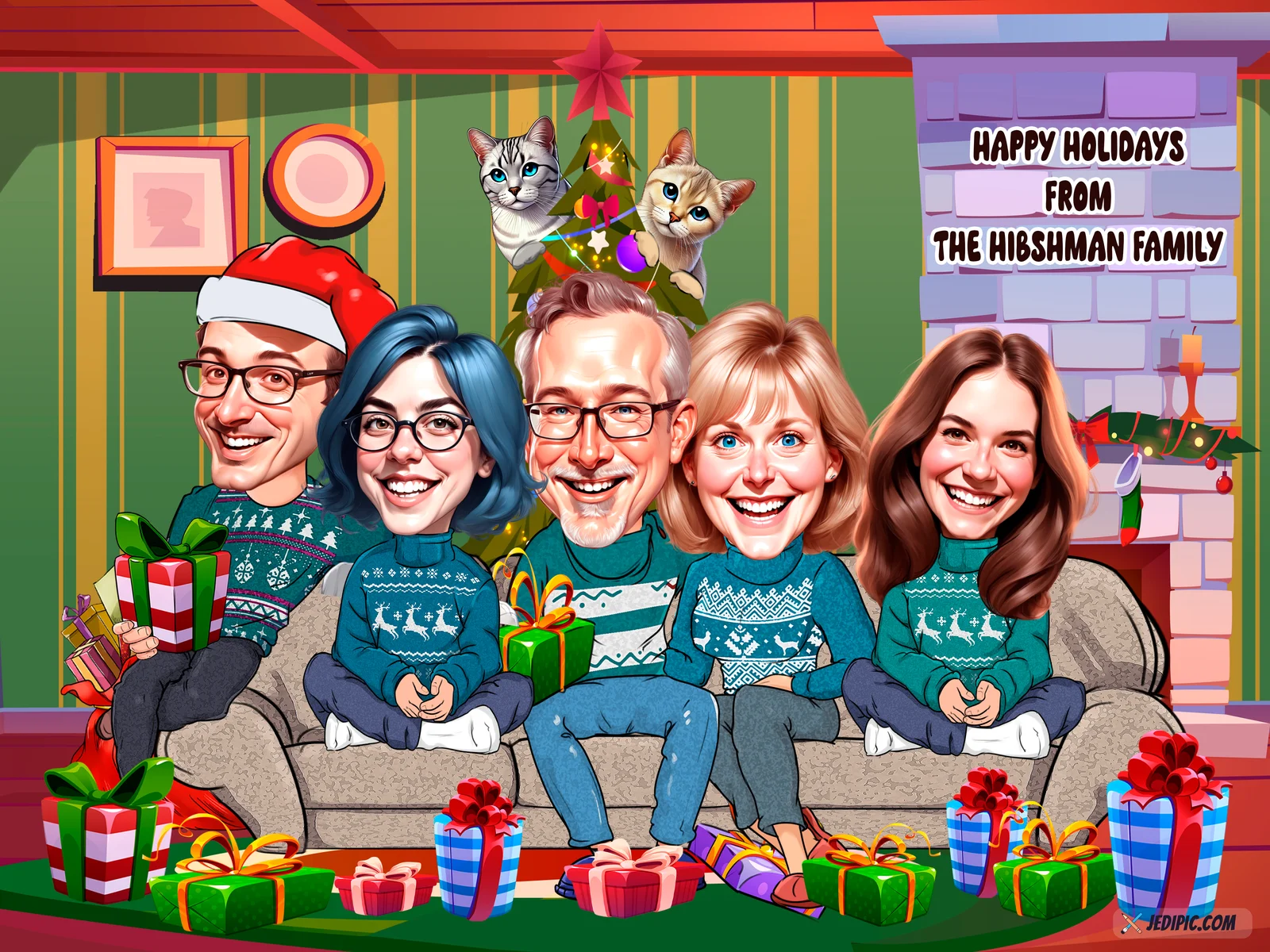 Custom Family Caricature from Photo - Extended Family Holiday Gathering Gift