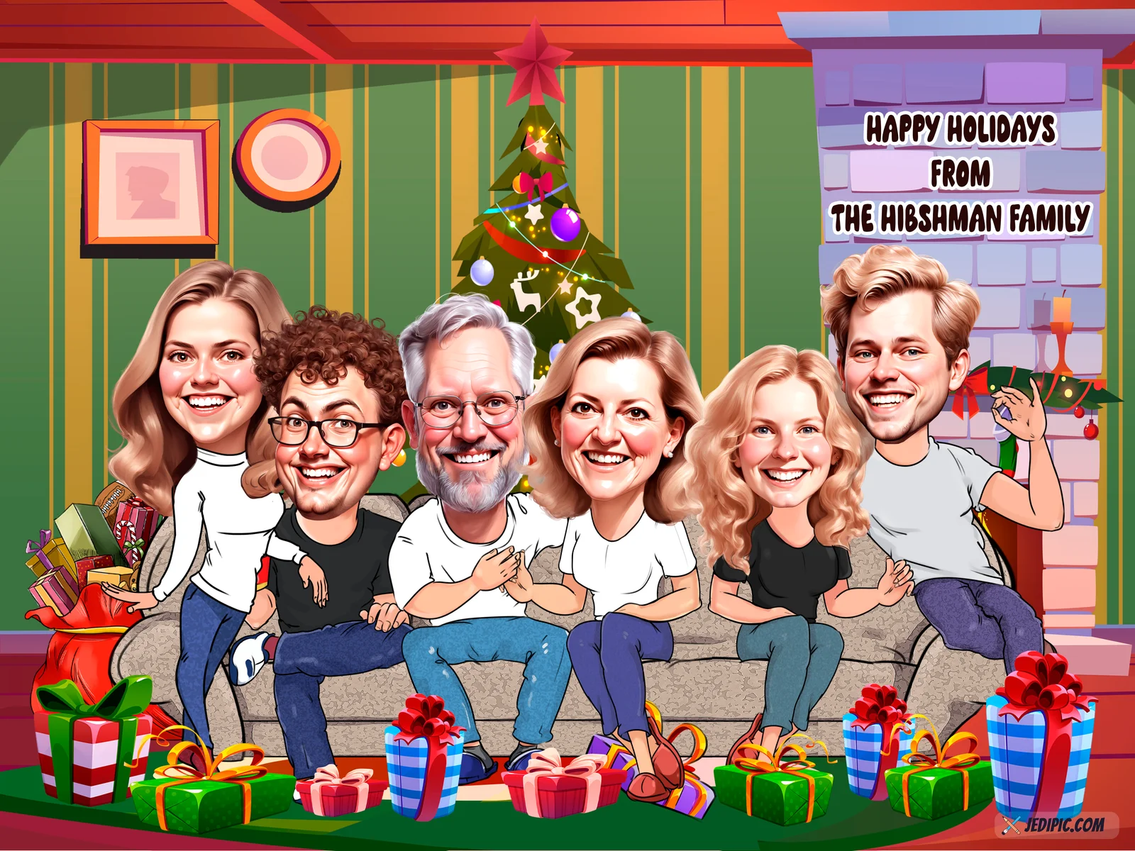 Custom Family Caricature from Photo — Personalized Family Portrait Christmas Reunion Hallway Grandparents Wall Gift