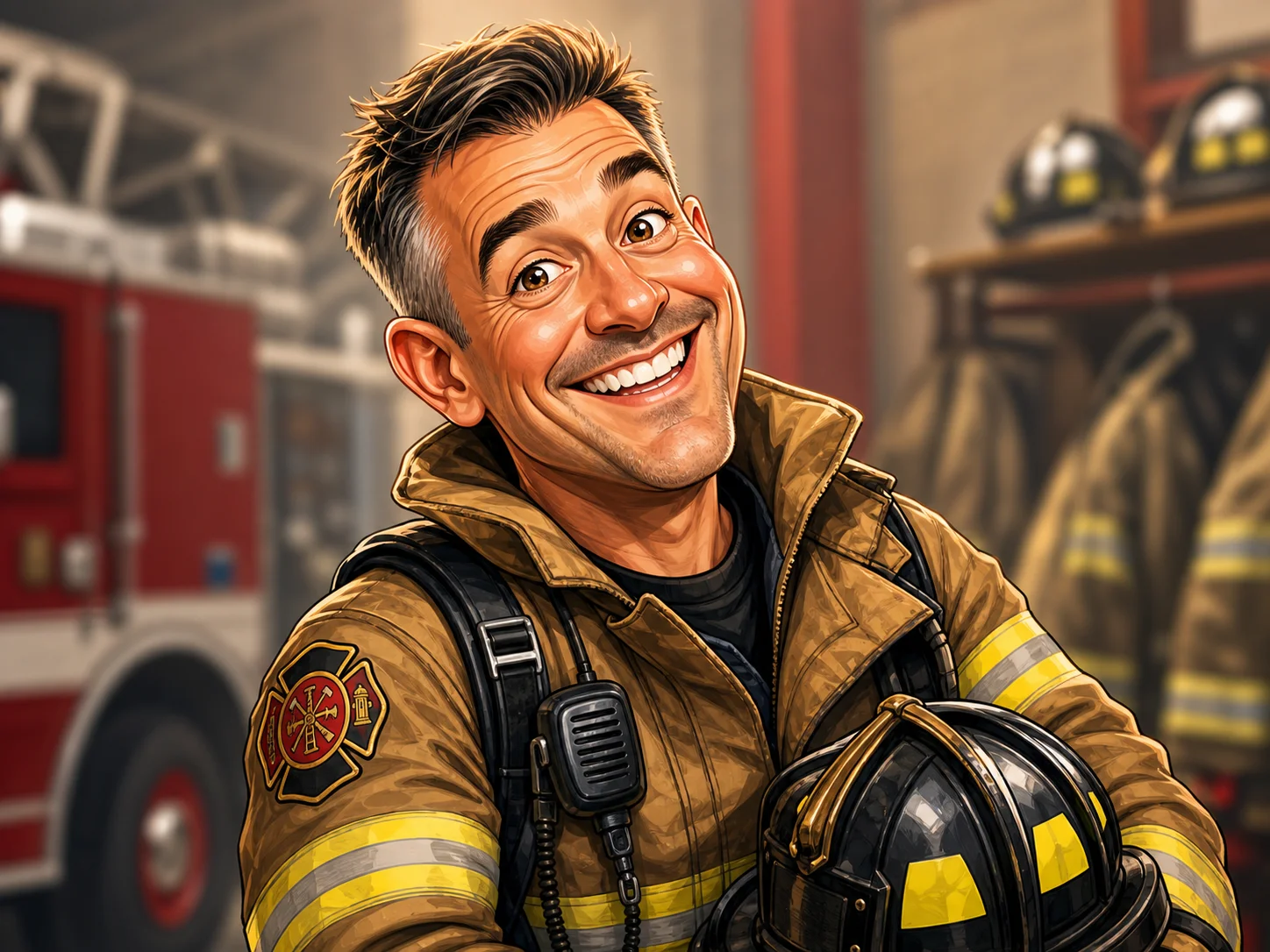 Custom Fire Truck Station Portrait Caricature from Photo — Hand Drawn Personalized Digital Portrait Gift
