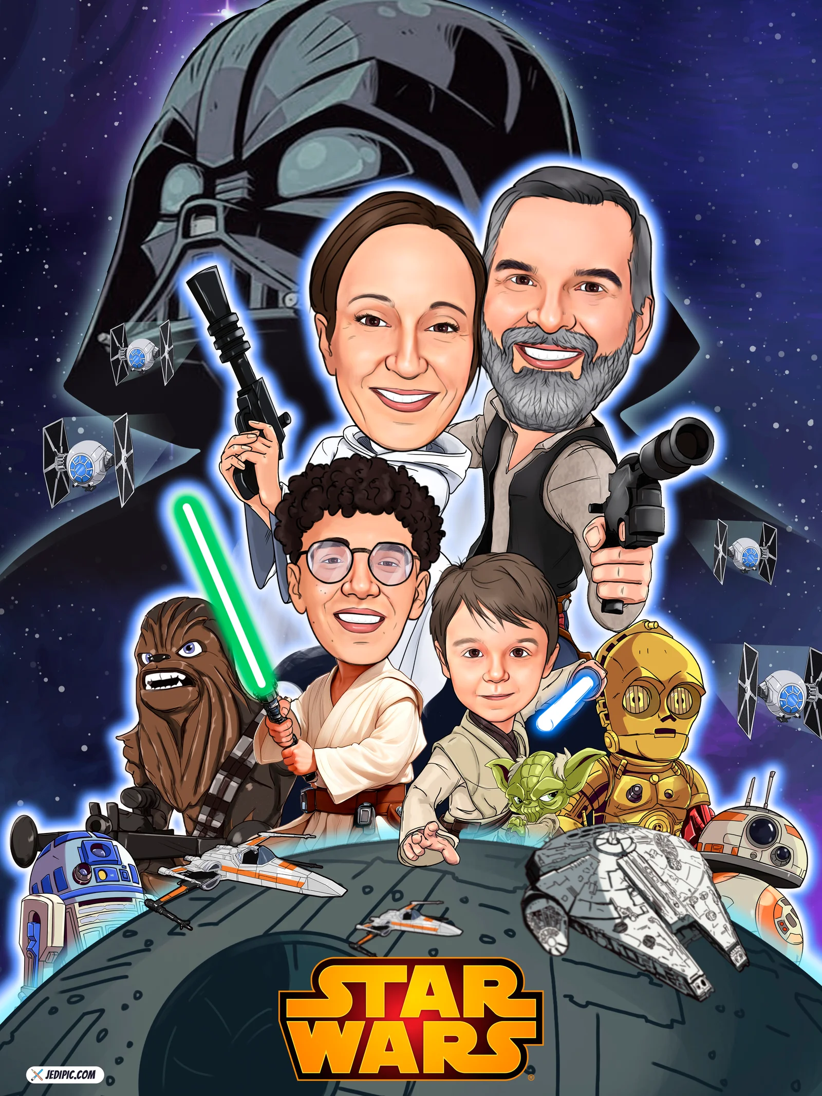 Custom Parents and Kids Cozy Portrait Caricature from Photo — Hand Drawn Personalized Digital Portrait Gift