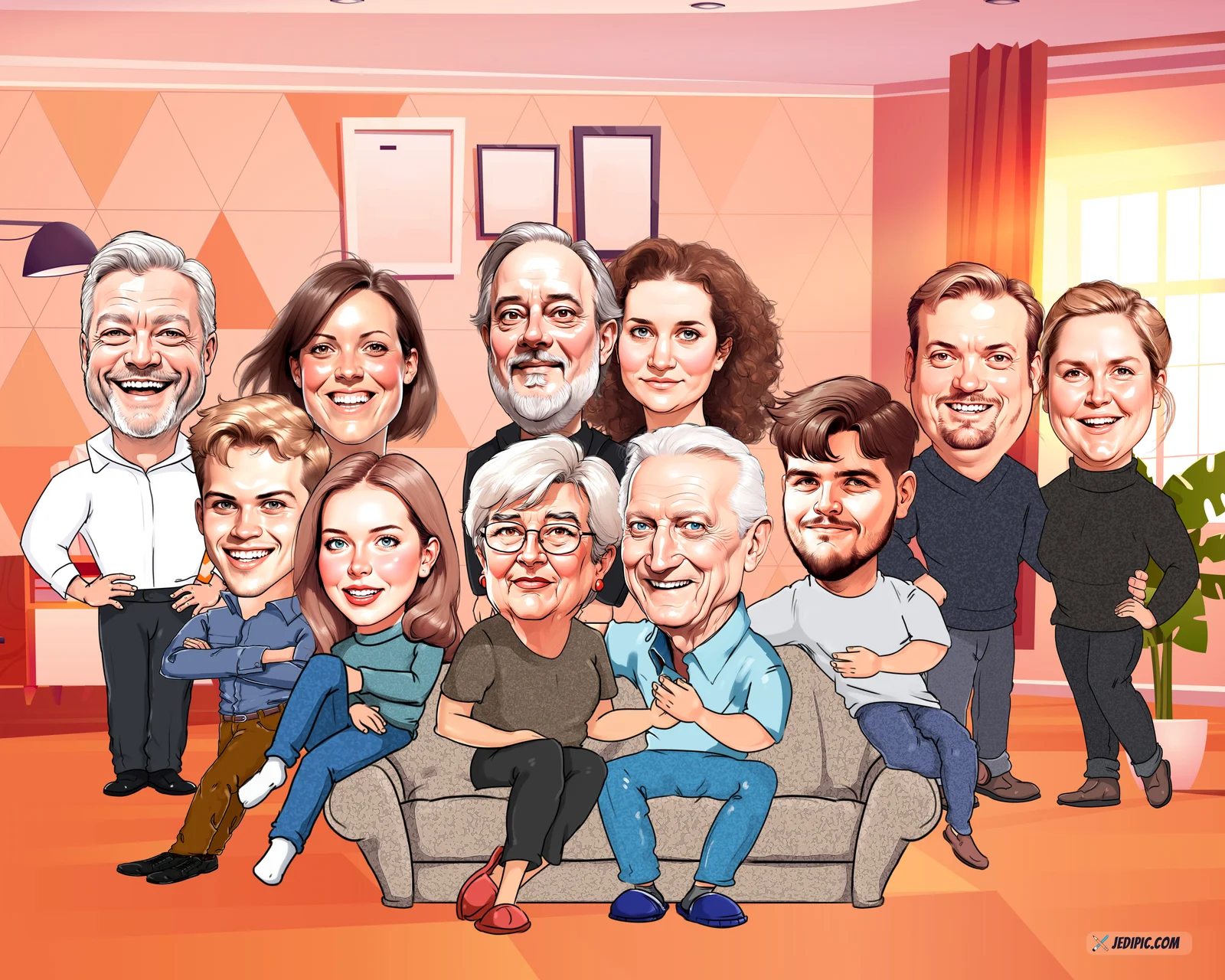 Custom Multi-Generation Family Portrait Caricature from Photo — Hand Drawn Personalized Digital Portrait Gift