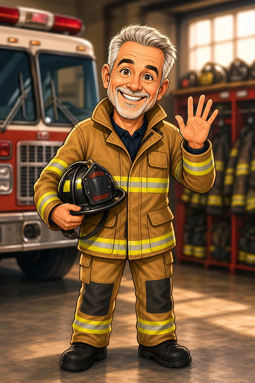 Custom Fireman Turnout Gear Portrait Caricature from Photo — Hand Drawn Personalized Digital Portrait Gift
