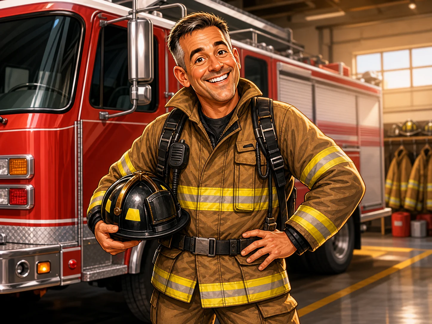 Custom Firefighter Caricature from Photo — Turnout Gear Personalized Portrait Gift