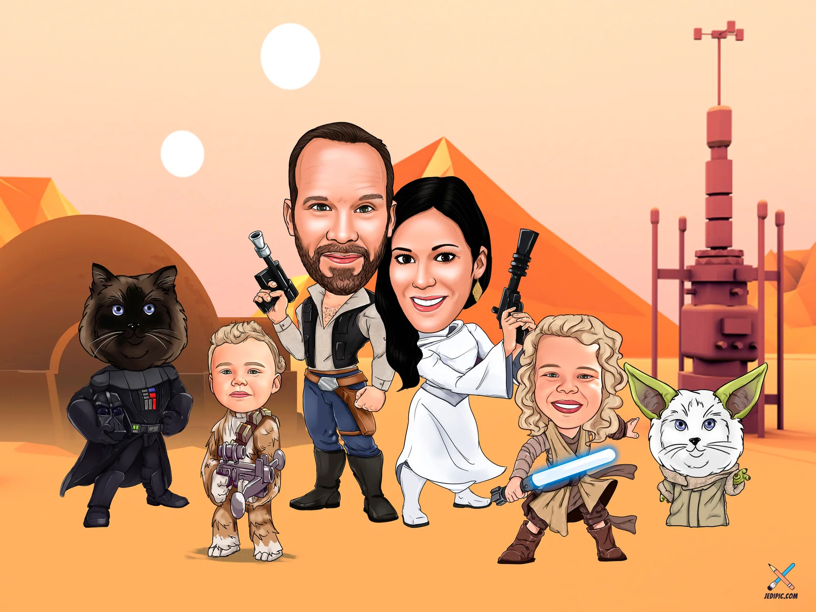Custom Family Caricature from Photo — Christmas Morning Personalized Portrait Gift