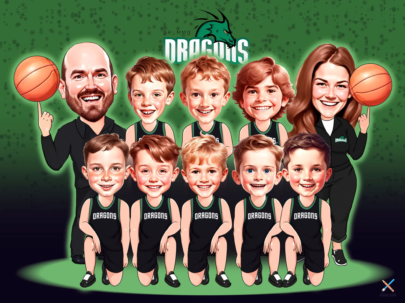 Custom Basketball Caricature from Photo — Team Huddle Personalized Portrait Gift