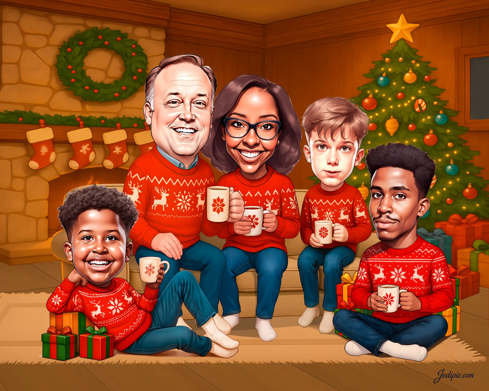 Custom Family Caricature from Photo - All Together Christmas Gift v2
