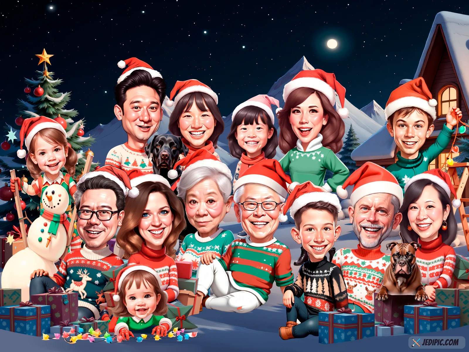 Custom Family Caricature from Photo - Grandparents and Grandkids Grandparent Gift