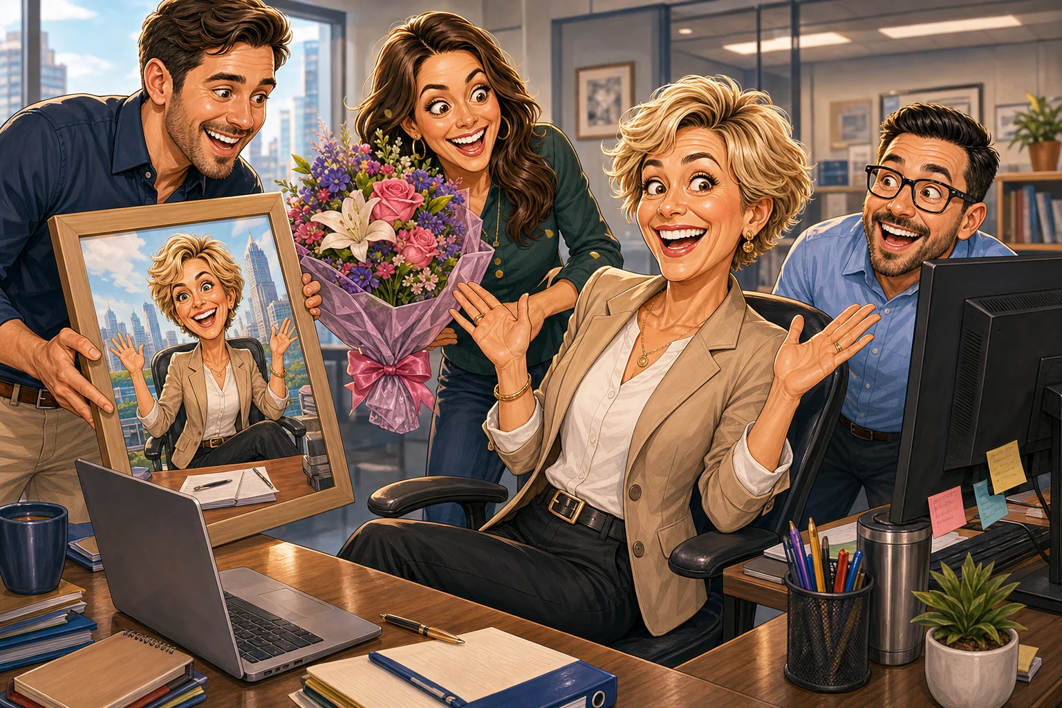 Custom Office Team Caricature from Photo - Open Plan Desk Crew Office Team Gift