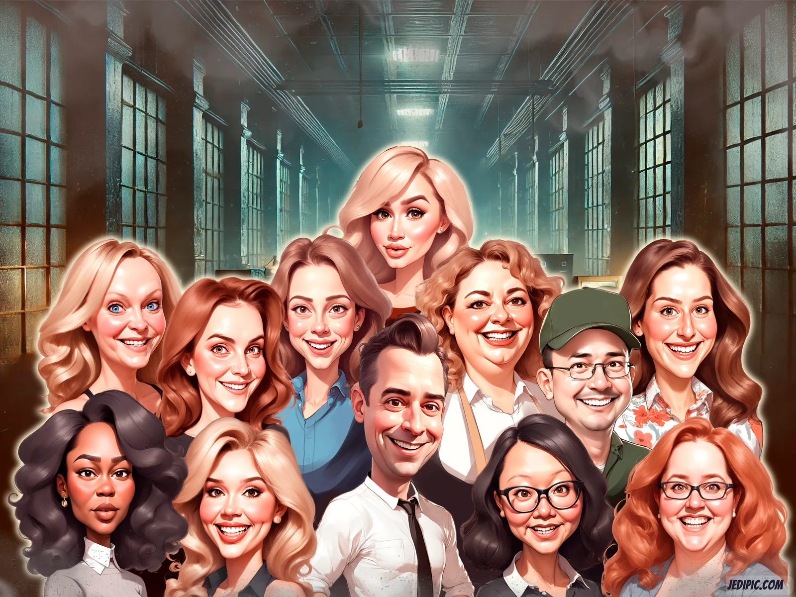 Custom Office Team Caricature from Photo - Coffee Break Huddle Office Friends Gift