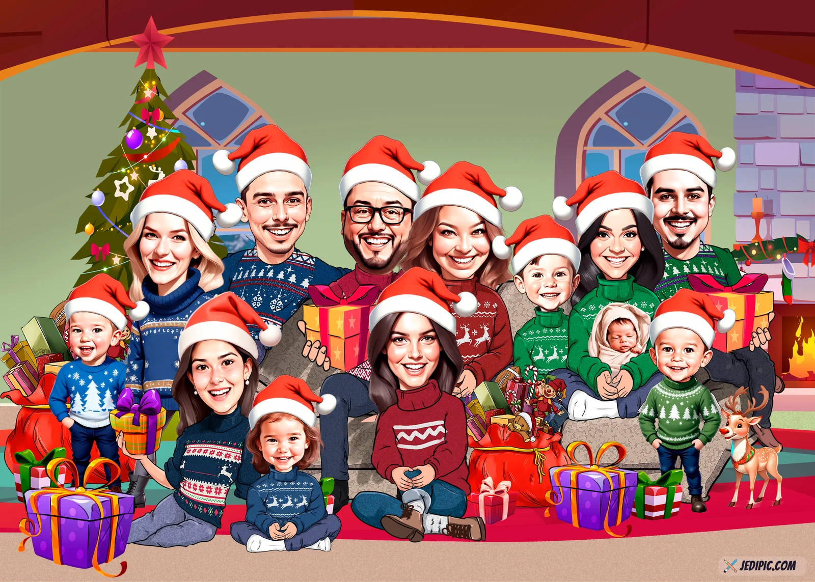 Custom Christmas Family Caricature from Photo - Christmas Family Scene Christmas Gift