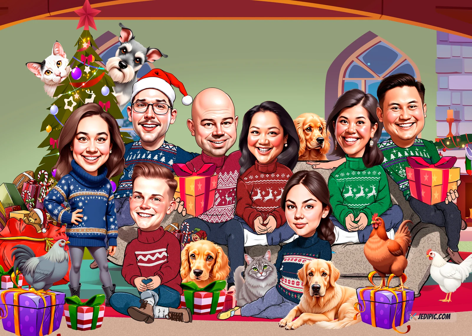 Custom Family Caricature from Photo - Holiday Family Portrait Family Holiday Gift
