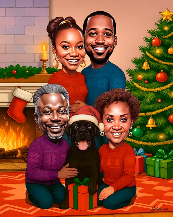 A family of four beside a Christmas tree and wrapped gifts