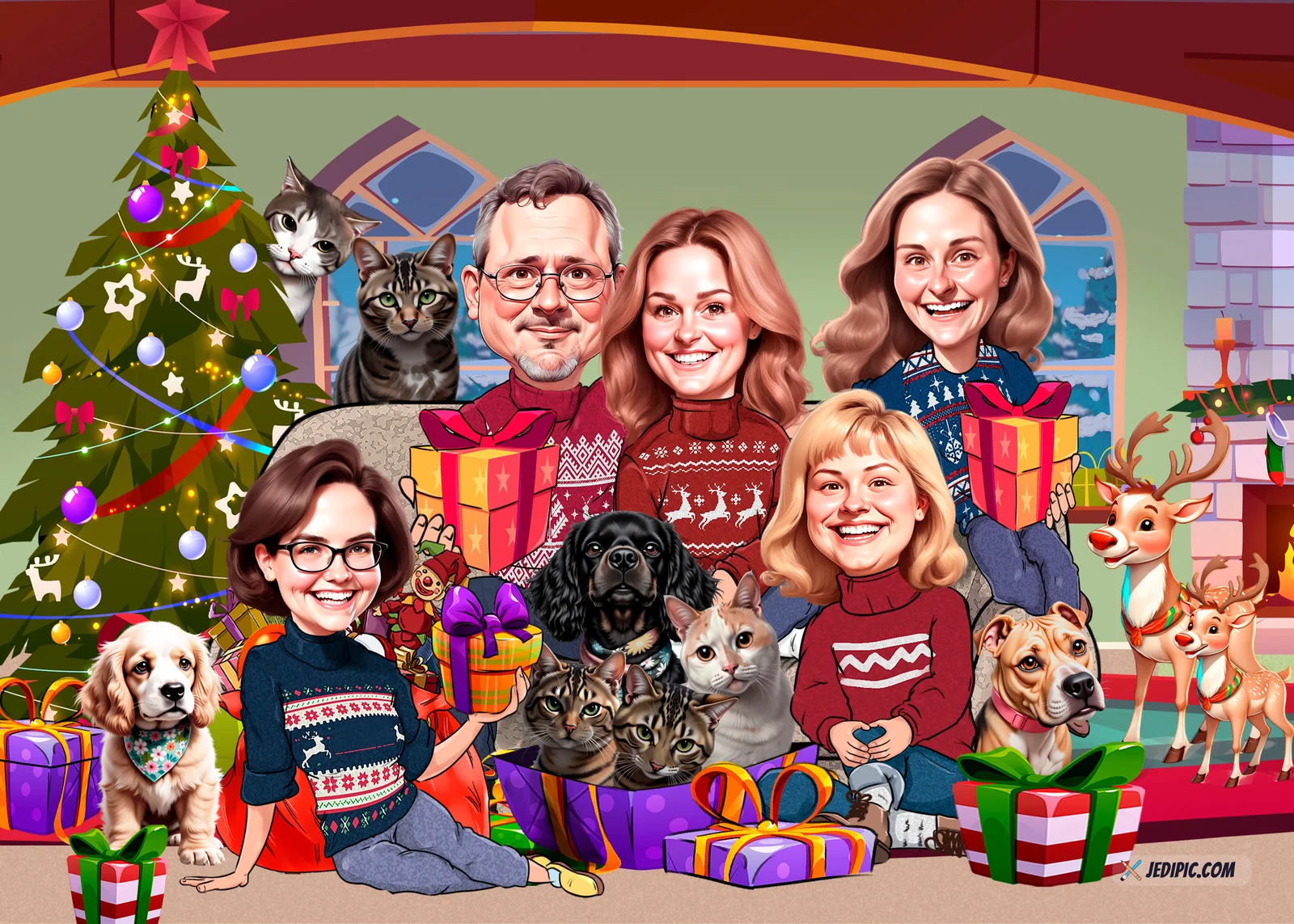 Custom Christmas Family Caricature from Photo — Holiday Season Cartoon Portrait Personalized Gift